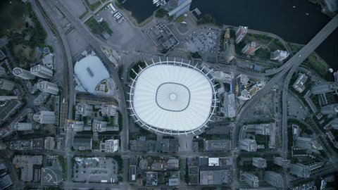 Vancouver Canada - Sept 2017: Aerial rooftop view BC Place stadium Rogers Arena and Edgewater Casino False Creek downtown Vancouver British Columbia Canada RED WEAPON