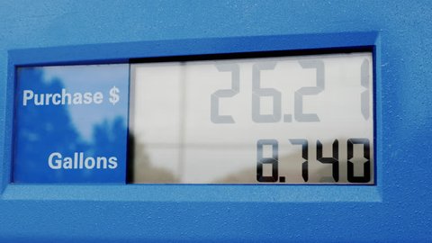 Digital scoreboard at the gas station, shows the number of gallons of fuel and the price in US dollars