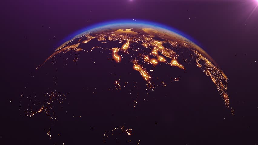 Beautiful sunrise world skyline. Planet earth from space. Planet earth rotating animation. Clip contains space, planet, galaxy, stars, cosmos, sea, earth, sunset, globe. 4k 3D Render. Images from NASA Royalty-Free Stock Footage #1023157912
