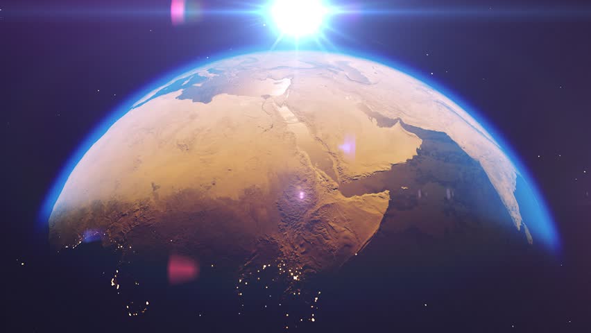 Beautiful sunrise world skyline. Planet earth from space. Planet earth rotating animation. Clip contains space, planet, galaxy, stars, cosmos, sea, earth, sunset, globe. 4k 3D Render. Images from NASA | Shutterstock HD Video #1023157912
