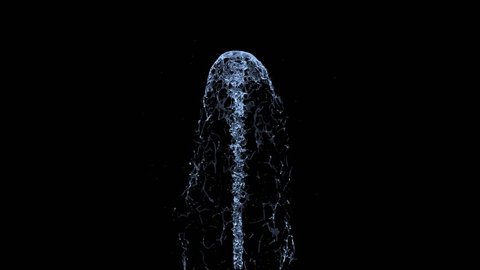 4K slow motion blue water fountain isolated on a black background with alpha matte