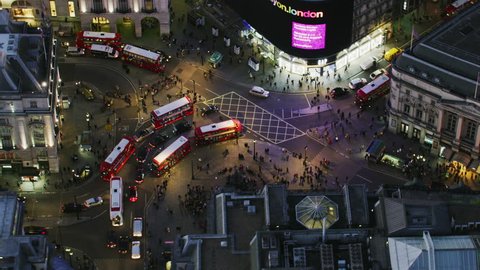 London UK - November 2017: Aerial view at night Piccadilly Circus evening rush hour LED advertising displays and illuminated buildings London England UK RED WEAPON