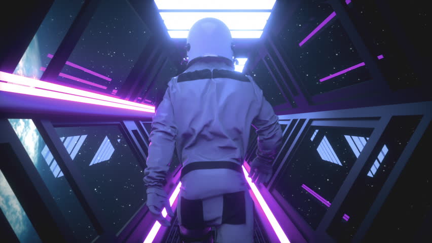 Astronaut going through the tunnel to another compartment of the space gateway