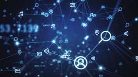 Connecting people on the internet, nodes transforming. Flight of the camera in the technological abstract space. Social network connections. Seamless loop 4k cg animation.  - Powered by Shutterstock - Get 15% off with code: PIKWIZARD15