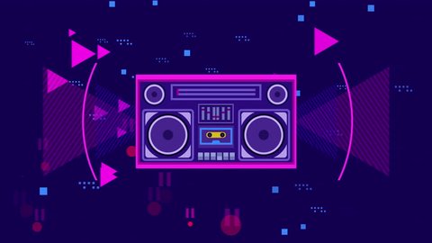 Motion graphic presents Retro Boombox party.