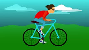 A Cyclist on the blue bike riding in green fields. Digital animated video loop.