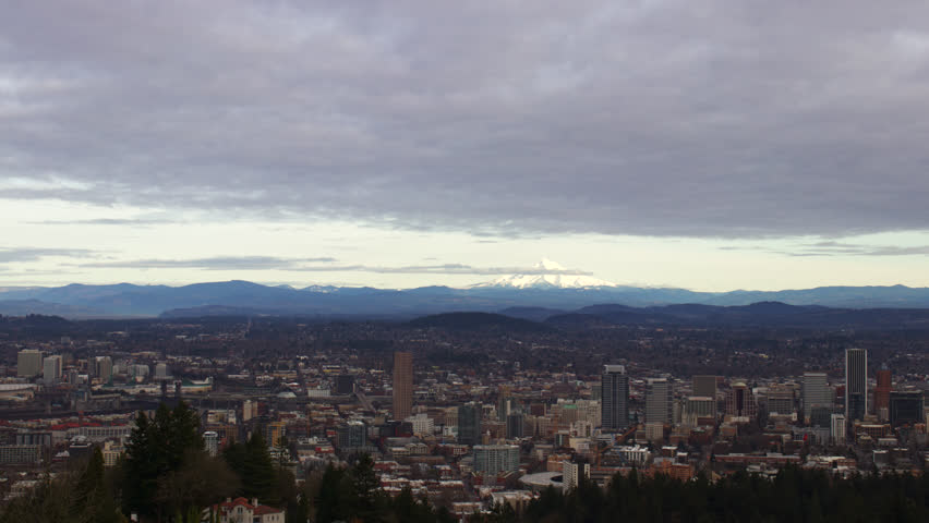 UHD 4K time lapse video of Downtown Portland with Mount Hood and clouds movement in Portland Oregon 3840x2160 Ultra High Definition Royalty-Free Stock Footage #1023202255