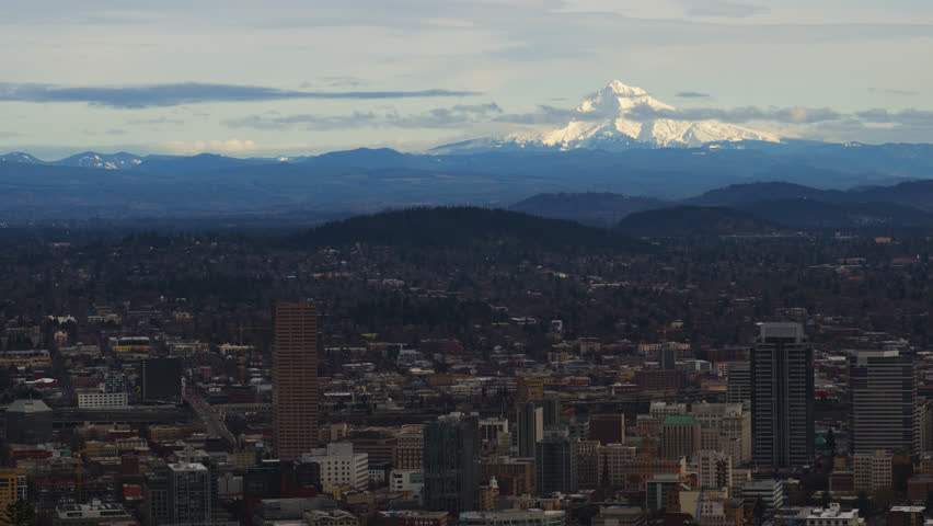 UHD 4K time lapse video of Downtown Portland with Mount Hood and clouds movement in Portland Oregon 3840x2160 Ultra High Definition Royalty-Free Stock Footage #1023202261