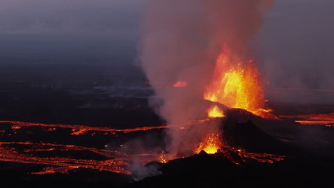 Aerial night volcano lava Holuhraun magma land fissures seismic activity hydrothermal heat steam gas cloud Iceland RED EPIC