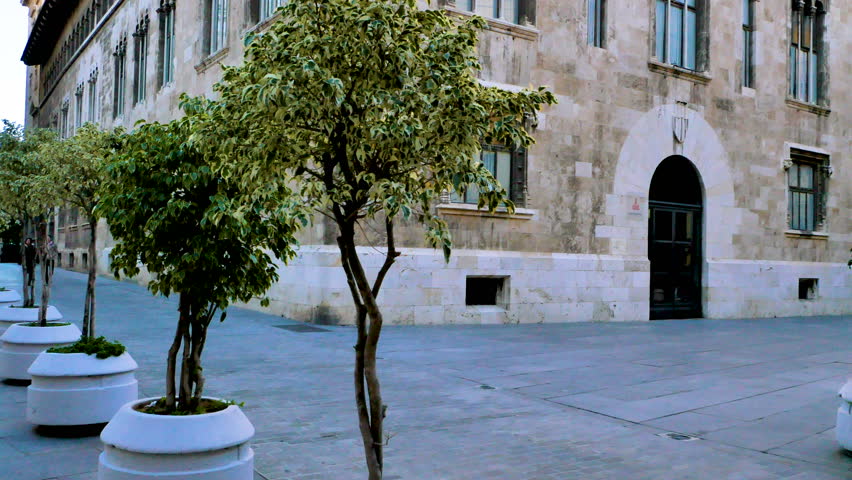 The facade of the governmental building of the Palau De La Generalitat in the city of Valencia, in Spain, Europe. The video was shot in the evening in fall from the popular Manises square downtown.