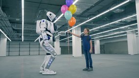 Robot is giving balloons to a girl and then touching her hand - Powered by Shutterstock - Get 15% off with code: PIKWIZARD15