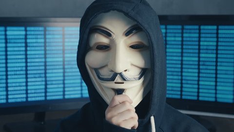 Cherkassy, Ukraine, January 21 2019: Wanted Child Hacker Hides Behind Anonymous Mask Guy Fawkes