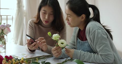 beautiful chinese florist is using smartphone to show her female student flower information, she is explaining the Characteristics of Platycodon grandiflorum,in chengdu china