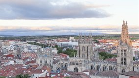 View on Burgos Cathedral from castle hill in the evening with picturesque sky - time-lapse video
