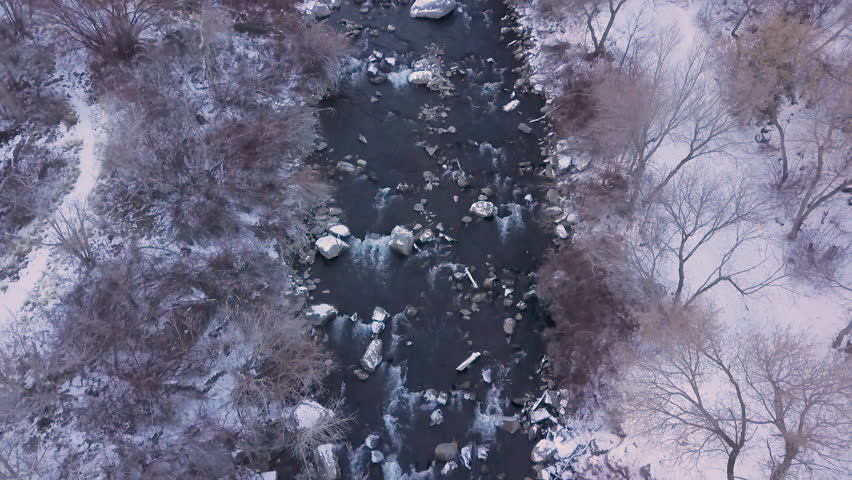 Looking straight down at a rushing river in winter