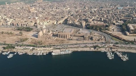 Drone footage of river Nile, Luxor temple and city Luxor in Egypt