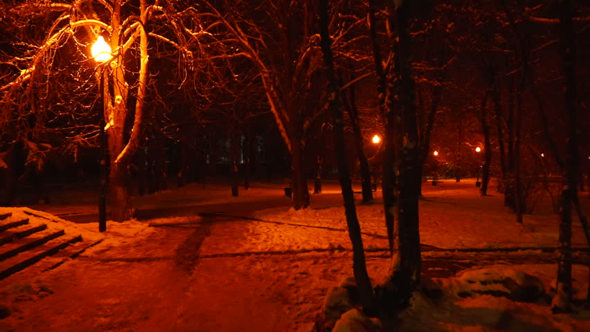 Empty alley lit by street lamps in winter. Walking on snow covered footpath at night. Gimbal steadicam movement.