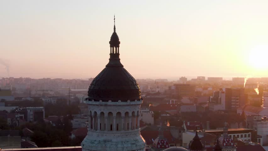 Aerial shot downtown Cluj-Napoca, Romania. Avram Iancu Square and church tower