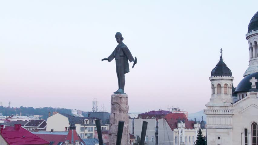 Aerial shot downtown Cluj-Napoca, Romania. Avram Iancu Square and church tower