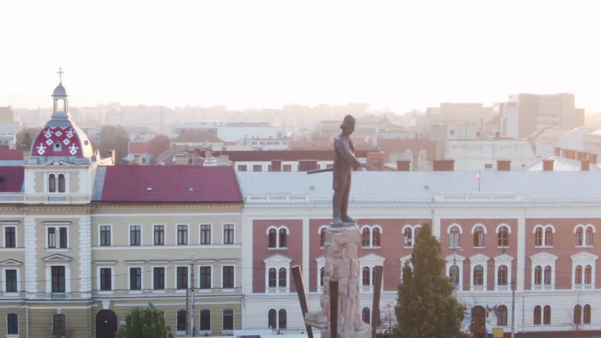 Aerial shot downtown Cluj-Napoca, Romania. Avram Iancu Square and church tower