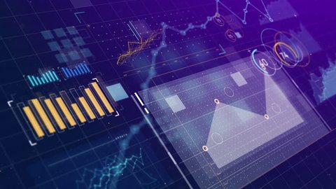 3D animation of 2D vector graphics, graphs and charts across a screen showing data visualizations and information. Created in 4k.