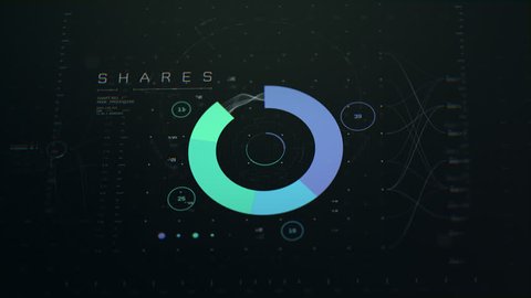 3D animation of 2D vector circular graphs charting shares with dark blue and light green colors. Created in 4k.の動画素材