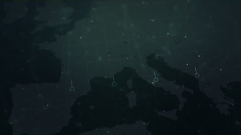 3D animation of 2D vector graphs charting transportations, like planes, boats, and trains with a map of Europe in the background with light green colors. Created in 4k. Video Stok
