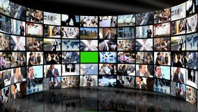 3D video wall images of multi ethnic city business people using wireless communication in global market with green screen