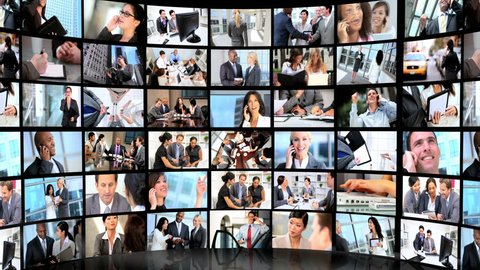 3D Montage video wall showing multiple revolving panels Ethnic Caucasian business people using modern technology