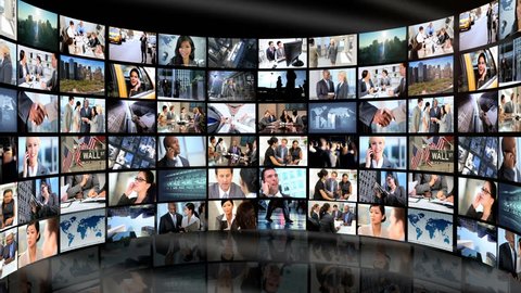3D Montage video wall showing multiple revolving panels Ethnic Caucasian business people using modern technology