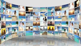 Montage wall 3D images showing tropical island wedding day and honeymoon of attractive young Caucasian couple