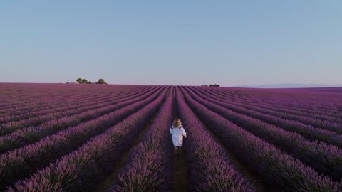 Romantic, dreamy and inspiring wanderlust drone video of free and happy young woman in flowing white traditional dress, blogger or model run in pink and purple lavender fields at sunset