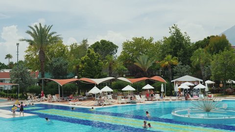 Kemer, Turkey, June 2018: Large swimming pool and leisure infrastructure in a Turkish hotel