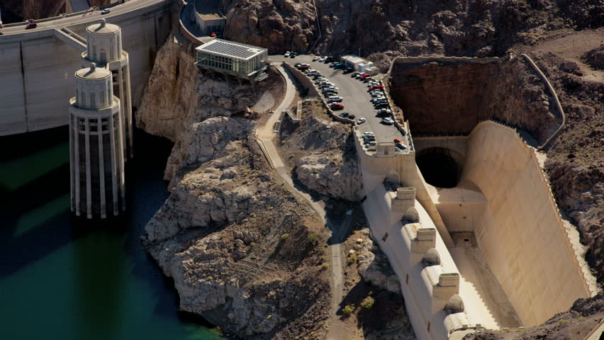 Aerial view Hoover dam and overflow channel in Nevada USA producing environmental clean hydroelectricity power from Lake Mead reservoir 