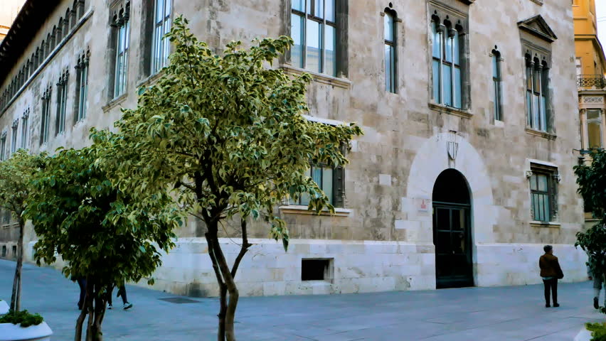 The facade of the governmental building of the Palau De La Generalitat in the city of Valencia, in Spain, Europe. The video was shot in the evening in fall from the popular Manises square downtown.