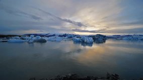 Time lapse footage of floating icebergs at Jokusarlon Glacial Lagoon in South Iceland. 