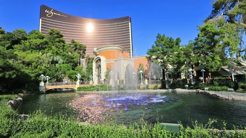 Las Vegas, Nevada, United States - August 18, 2018: aerial view of Wynn and Encore Tower Resort 5-star Casino Hotel in Las Vegas Strip and luxurious shopping with famous brands. Sunny day, blue sky.