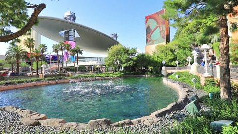 Las Vegas, Nevada, United States - August 18, 2018: Wynn Las Vegas colorful Fountain Show by daytime, a new fountain show from June 2016. The Wynn is Resort Hotel Casino, a 5-star in Las Vegas Strip.