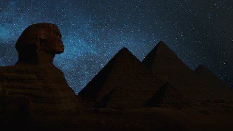 Sphinx and the Great Pyramids of Giza by night, Time Lapse with Stars and Milky Way in Background, Cairo, Egypt