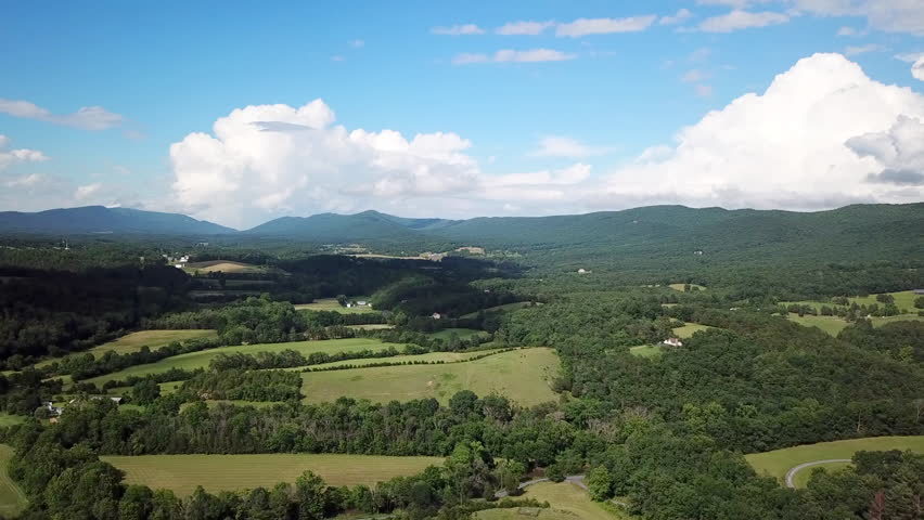 Shenandoah Valley aerial of forest and fields in Blue Ridge Mountains of Virginia