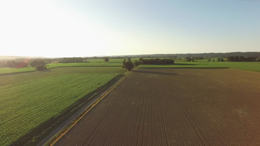 Aerial view by of a road in the middle of the field in the sunset, Pau, France