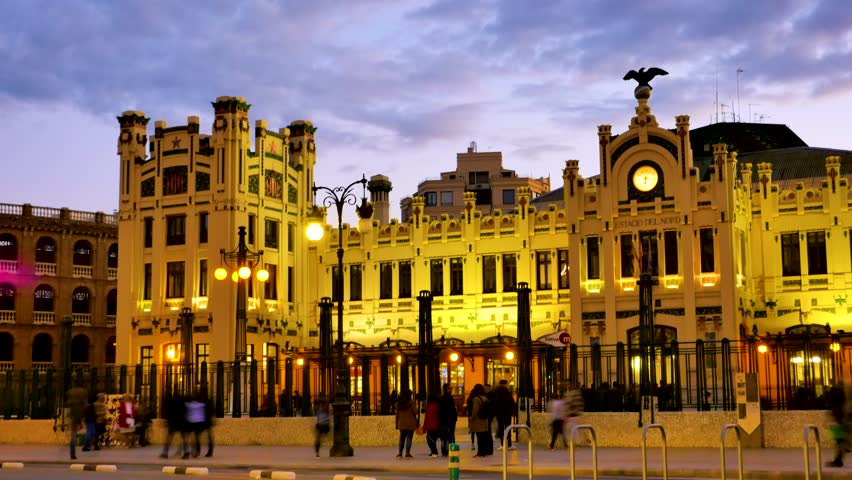 The North Station, Estación del Norte, or Estació del Nord illuminated at night. The station is located in the city of Valencia, in Spain, Europe.