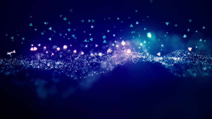 Cinematic blue moving particles with triangle shapes floating. Universe dust with stars on black background. Abstract motion of particles in 4K. Seamless loop. Royalty-Free Stock Footage #1023354781
