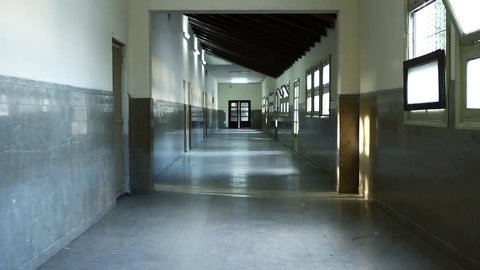 Empty Hallway Corridor of a Public High School or College Closed during COVID-19 (Coronavirus) in Buenos Aires, Argentina. Zoom In.
