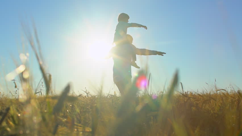 silhouette of father and son playing, airplane arms raised at sunset in wheat field, happy family children flying outdoors. child little boy having fun, rising up hands, travel, holiday nature summer Royalty-Free Stock Footage #1023362611