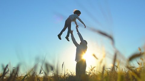 silhouette of father and son playing and enjoying sunset in wheat field in nature on summer day. happy family walking outdoors. Little boy and father man having fun, tossing up, throwing son in air