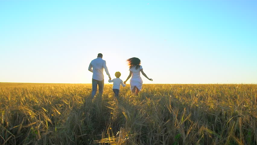 happy family outdoors running on wheat field with little boy. Mother, father and son kid child having fun on summer day, enjoying nature together. health love travel summertime happy holiday happiness Royalty-Free Stock Footage #1023362641