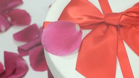 Gift Box And Rose Petals stock video is a fine video clip that displays a carefully wrapped gift box and petals of red roses spread on a white surface.