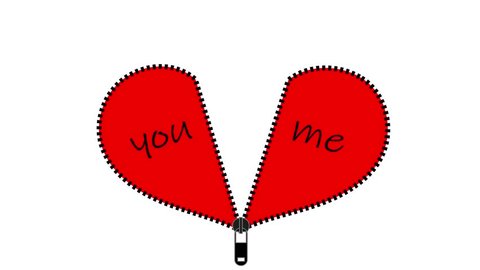 Two red Valentine heart halves zipped together. Text you me.