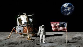Astronaut walking on the moon and saluting the American flag.. CG Animation. Some Elements of this video furnished by NASA.